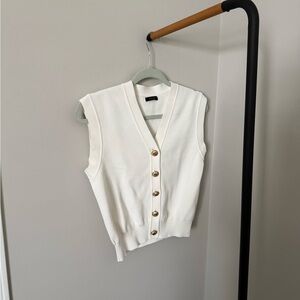 White Sleeveless V-Neck Cardigan Vest with Gold Buttons